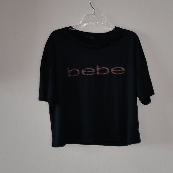 bebe Sport Women's Black Animal Logo Print Boxy Short Sleeve Tee T-Shirt Size L - Picture 1 of 4